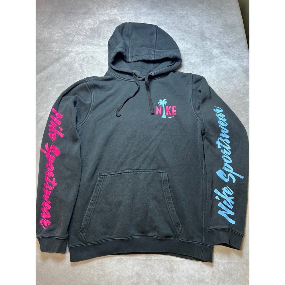 Nike Sportswear Hoodie Small Black Neon Pink Blue Palm Tree Graphic Pullover